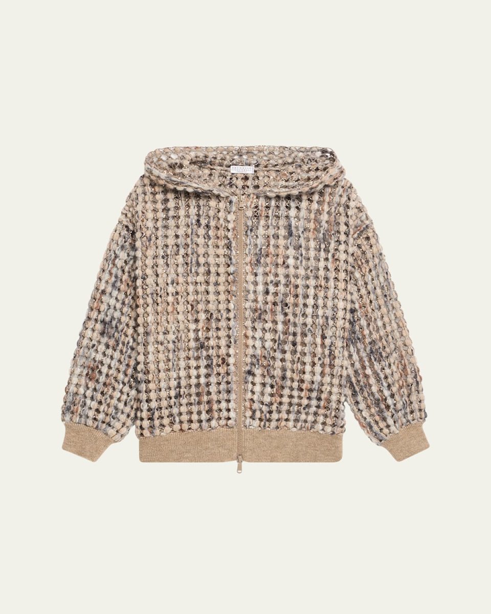 Pailette Wool-Cashmere Net Balloon-Sleeve Zip Hoodie
